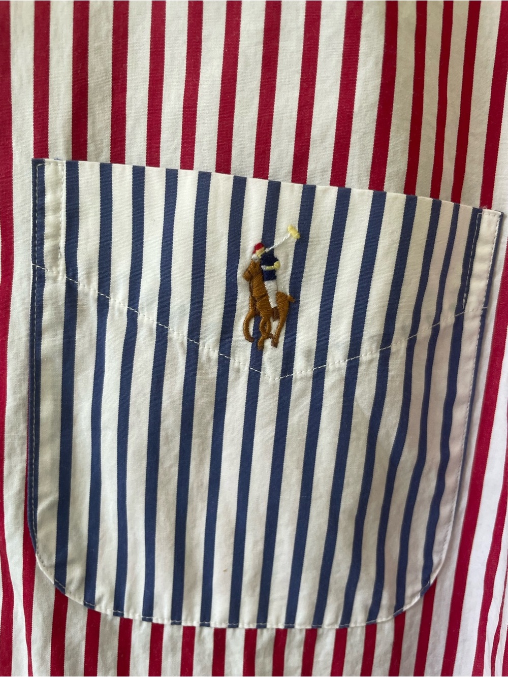 Ralph Lauren Red & Blue Vertical Stripe Button-Down Shirt with White Collar - Picture 4 of 6